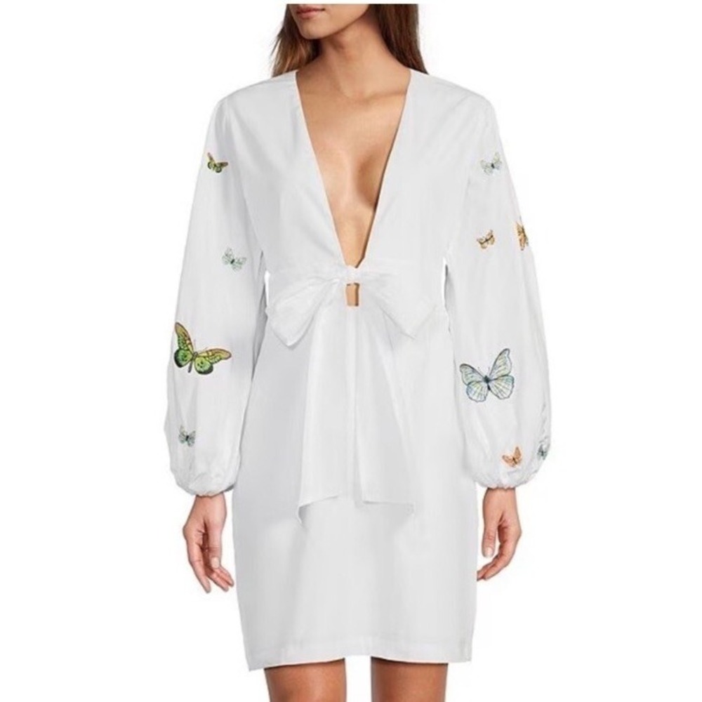 Fanm Mon White Plunge V-Neck Butterfly Embroidered Long Sleeve Dress